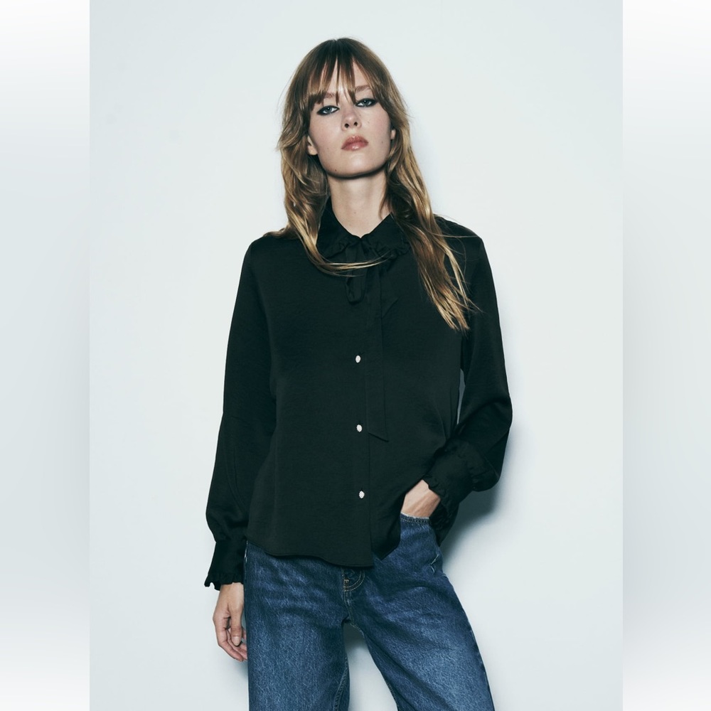 ZARA SATIN EFFECT BLACK TIE COLLAR SHIRT Size SX